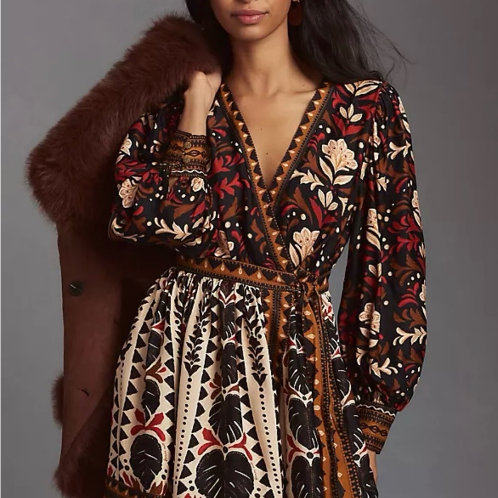 FARM Rio Black and Red Floral Long Sleeve Dress